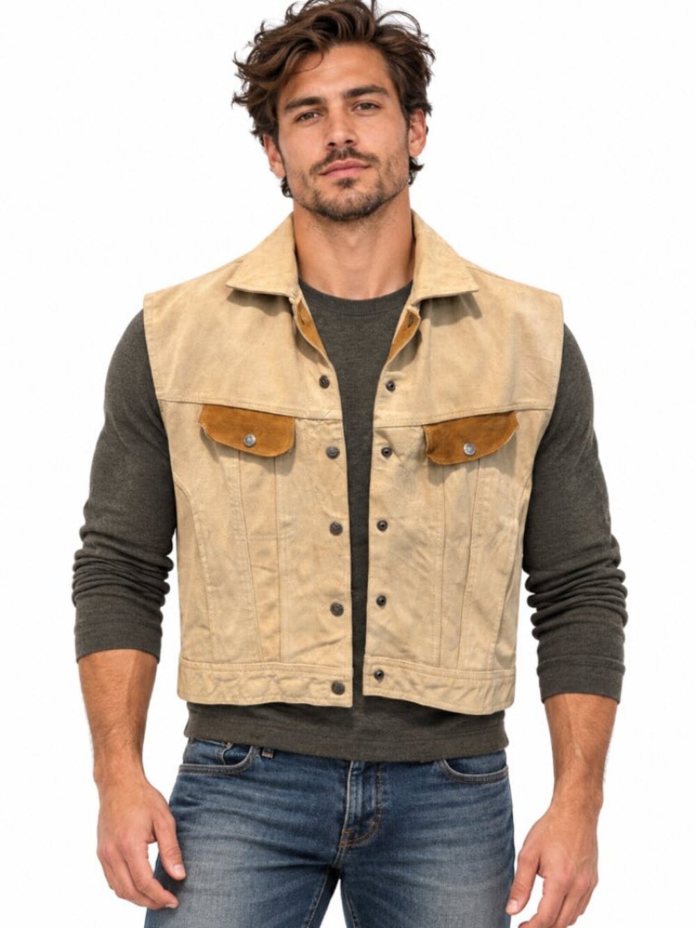 Vintage Beige Suede Western Vest Mona Mode Tan Pocket Trim Size L Trucker Moto